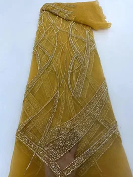Africana amarelo Lantejoulas Tecido do Laço 2022 de Alta Qualidade, feito a mão Frisada Nigeriano francesa, Tule Material do Laço De Vestido de Noiva  4
