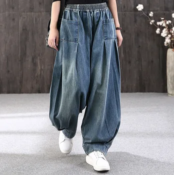 2022 Jeans De Senhoras Queda De Calça, Calças Jeans Retro Lanterna Solta A Cintura Elástica Calças Womens Preto Azul Novo 2022  10