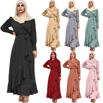 7 Cores de Cetim Mulheres Muçulmanas Vestido Longo Plissado árabe Abaya de Vestuário Islâmico do Ramadã Dubai Kaftan V-pescoço Médio Oriente Ramadã Novo  5