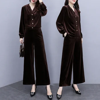 Mulheres de Veludo Fatos 2020 outono Top+Calça Dois Conjuntos Femininos de duas peças de conjunto de top e calças anos do sexo feminino, traje  5