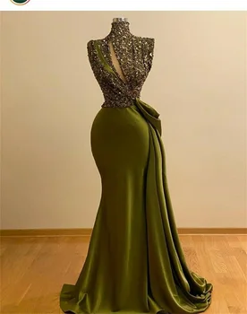 Hunter Verde Sereia Vestidos De Baile Vintage De Alta Pescoço Vestido De Noite Árabe Saudita Longo Vestido Festa Formal  4