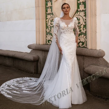 VIKTORIA Vestido de Casamento Requintado Bling Sereia Cristais de Mangas compridas, Para as Mulheres de Tule Apliques de Vestidos De Noiva Personalizados Feitos  4