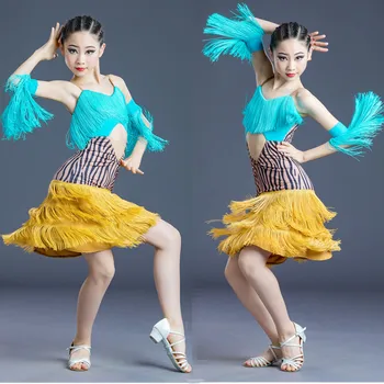 Crianças latino-Roupas de Dança latina de Vestido de Tassles Saias Meninas Franjas latina Vestido de Baile Ddance Concorrência Vestidos SL5888  3