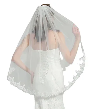 Mulheres Apliques de Renda Véus de Casamento para a Noiva Dedo Length1 Camadas Vaile para Noivas 2023, com Pente de Metal  3
