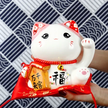 6 polegadas de Cerâmica Maneki Neko Caixa de Dinheiro de Sorte Gato Enfeite de Decoração de Casa de Dom Feng Shui Fortuna, Gato cofrinho  5