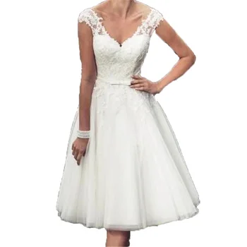 Elegante comprimento do joelho vestido de noiva curto applique lace chapéu manga de tule V-pescoço curto vestido de casamento nupcial  3