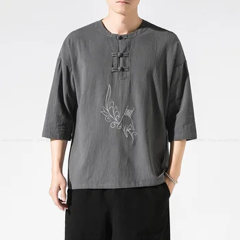 Moda Homens de Estilo Chinês, Qipao Tops Casual T-shirt Retro Bordados de Algodão, de Linho, Camisas para Homens Japoneses Harajuku Blusa de Streetwear  5
