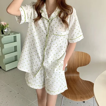 Estampa Floral Verão Pijama Conjunto Coreano Doce Pijamas Simples De Algodão Vintage Home Terno Único Breasted Camisa + Shorts  5