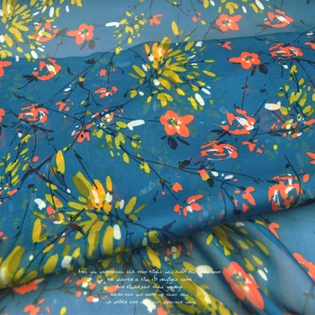 Chiffon de seda Vestido de Tecido Azul Pequena Flor amarela Grande Grande Luz Real através de Vestido de Camisa de Pano de Forro DIY patchwork  5
