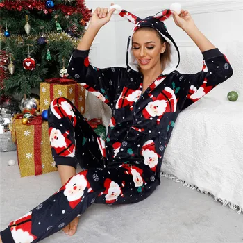 Um Pedaços de Manga Longa de Dormir Natal Pijama de Lã com Capuz Zíper Pijamas de Inverno com Capuz Confortável Mulheres da Casa Desgaste  10