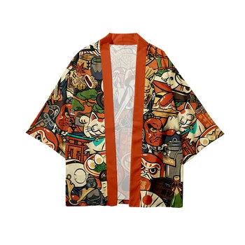 2022 Novo Streetwear Cardigan Demônio Samurai Gato Camisa De Impressão Roupas Tradicionais Haori Quimono Mulheres Homens Harajuku Praia Japonesa   5