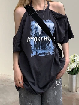 QWEEK Harajuku Projeto de grandes dimensões T-Shirts Mulheres do Vintage Streetwear Off Ombro Tshirt Gótico coreano Tees Tops 2022 Verão Emo  10