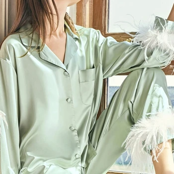 Mulheres Botão de Camisa de Manga Curta e Calça de Pijama Salão de Sono Definir Penas de Pijamas para Mulheres  4