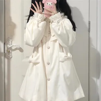 2022 Inverno Nova Lolita Japonês Jk Lã Casaco Feminino Kawaii Bonito Estudante De Moda Meninas Doce Branco Arco Vestido Longo Casaco  1