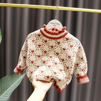 Menina Impresso Empurrar Camisola De Outono Inverno Crianças Espessamento De Malha Inferior Camisa De Lã Camisola Tops 