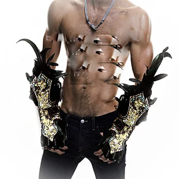 Ouro modelo de programa de Estágio de Desgaste de Engrenagens homem Sexy preto Festival de Penas de Pulso Peça boate barra de cantor de dança, desfiles com traje  4