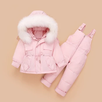 Infantil Meninas Snowsuit 2020 Novo Bebê do Inverno Conjuntos de 2pcs Grande Gola de Pele com Capuz para Baixo Casacos+Quente Macacão de Bebê Menina Ternos de Esqui  5