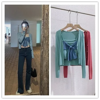 Doce Camisola Casacos de lã para as Mulheres Knit Crop Tops de Manga Longa Slim Jersey Casual Clube de Férias Harajuku coreano Senhora Roupas ins  4