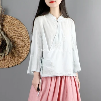 2022 estampa floral mulheres do sexo feminino camisa topo chinês tradicional top roupa de cama de algodão blusa para senhora diário casual tops blusa chiffon  5