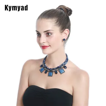 Kymyad Resina De Pedra Conjuntos De Jóias Para As Mulheres Geométricas Quadrado Conjunto De Jóias Vintage Instrução Colar Brincos Conjunto Para Mulheres  10