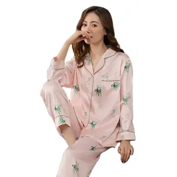 Pijama de seda Para as Mulheres Pijamas Outono de Cetim Pijamas Ternos de Manga Longa, Vire para baixo de Gola Cardigan Feminino Homewear Lazer  5