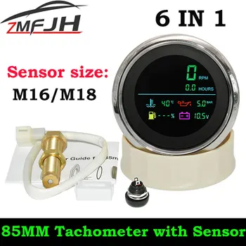 6 Em 1 85mm LCD Multi-Função Tacômetro + Sensor de Combustível, Medidor de Temperatura da Água, Pressão de Óleo, Voltímetro Medidor de Horas De Barco de Carro  10