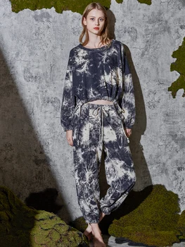 Nova Moda das Mulheres Conjunto de Pijama de Casa Loung Vestir a Camisola com Capuz Casaco de Moletom CottonTie Corante Pijamas de Inverno  5