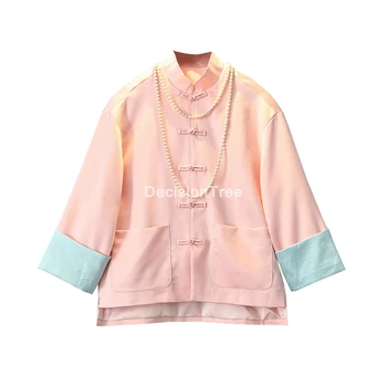 2022 estilo chinês de manga três quarto tang terno qipao tops mulheres casual blusa folgada retro cetim tang camisa casaco de agasalho  10