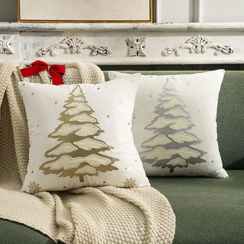 Bordado 3D Árvore de Natal Fronhas Festival Prata fronhas 45x45cm Branco Capa de Almofada de Sofá de Casa Decorativa  4