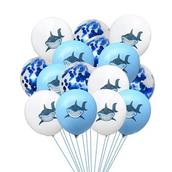 15pcs de 12 polegadas de desenho animado tubarão sequin balão conjunto de tema marinho bebê, festa de aniversário, decoração de látex balão atacado  0