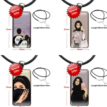 Colar Com Aço Chapeado Cabochão De Vidro Gargantilha Longo Pingente Retângulo Colar Muçulmanos Islâmicos Olhos Árabe Hijab Menina Para  5