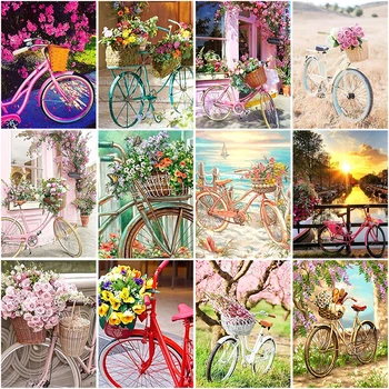 DIY Flor com Bicicleta 5D Diamante Pintura Completa Praça de Broca Cenário Bordado de Diamante Mosaico de Resina de Ponto de Cruz, Decoração de Casa  5
