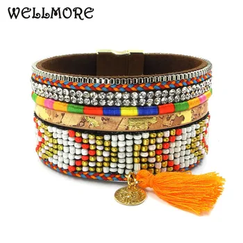 wellmore braceletes frisados ,de couro ,de borla detalhes Magnético envoltório pulseiras tem 3 tamanho Boêmio pulseiras&pulseiras para mulheres  5