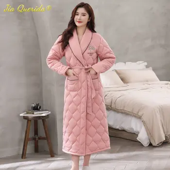 Inverno Elegante das Mulheres Térmica Veste Quimono Gola Xale com cinto de Pijama Vestes 3 Camadas de Malha de Ar de Algodão Floral Impressão Roupão de banho  1